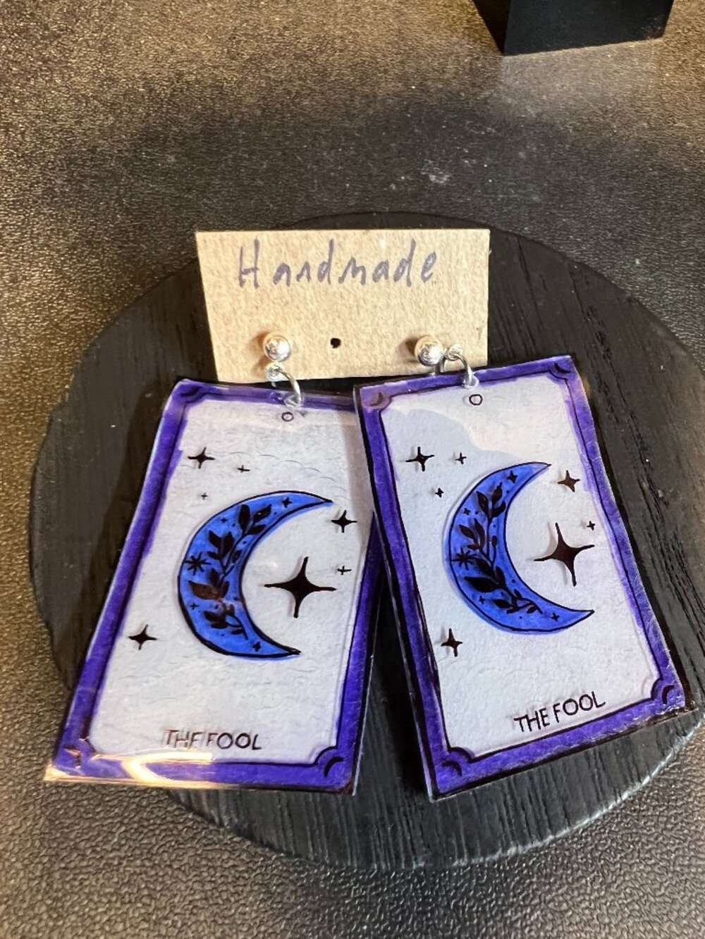 Tarot Card Earrings on Stainless Steel Posts, Blue and White, Handmade, OOAK